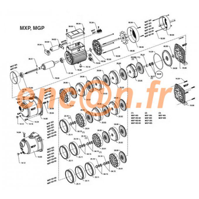 Pièces détachées de pompe surpresseur Calpeda  MXP, MXPM, MGP et MGPM